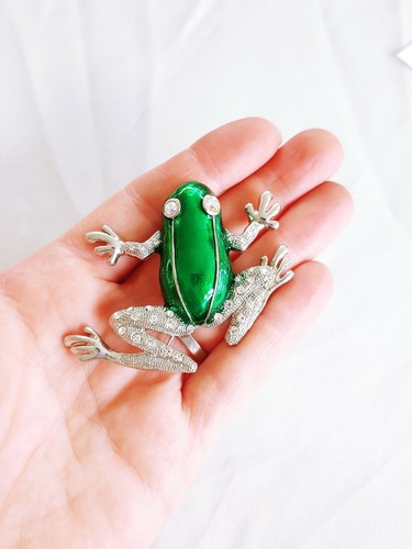 W) Vintage 2,25" Grüne Emaille Frosch springen Silber Strass Borealis Brosche Pin