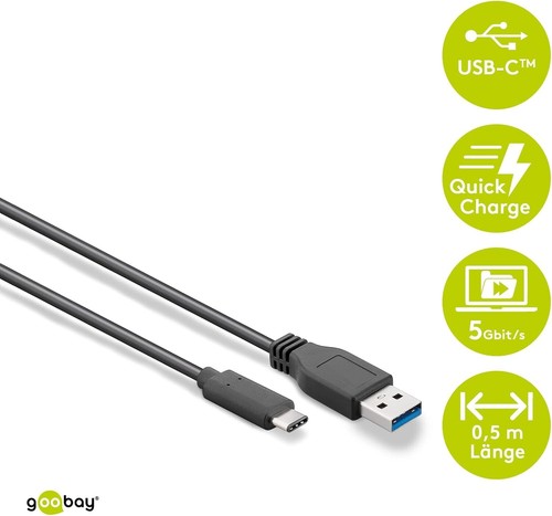 Goobay 67999 USB-C auf USB A 3.0 Kabel, schwarz, 0,5 m Länge 0,5 Meter - Bild 2 von 2