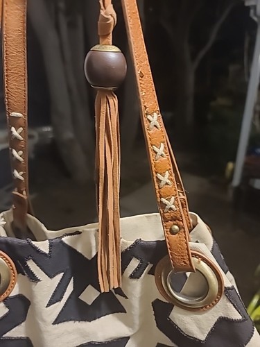 LUCKY BRAND Purse Canvas Tote Bag Crossbody Brn VEGAN Leather Straps Zip Pkts - Picture 5 of 12