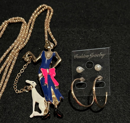 Art Deco Gatsby Woman w dog Pendant Brooch/Necklace + Pearl /Hoop Earrings 3x1 - Picture 7 of 8