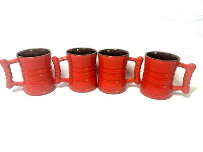 Vintage Frankoma Pottery C3 Plainsman Flame Red /Orange Coffee Mug Set of 4 Mugs