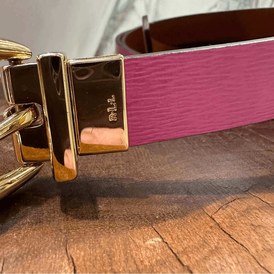 Двусторонний ремень Lauren Ralph Lauren из сафьяновой кожи с розовой/коричневой золотой пряжкой Lg - Изображение 3 из 4
