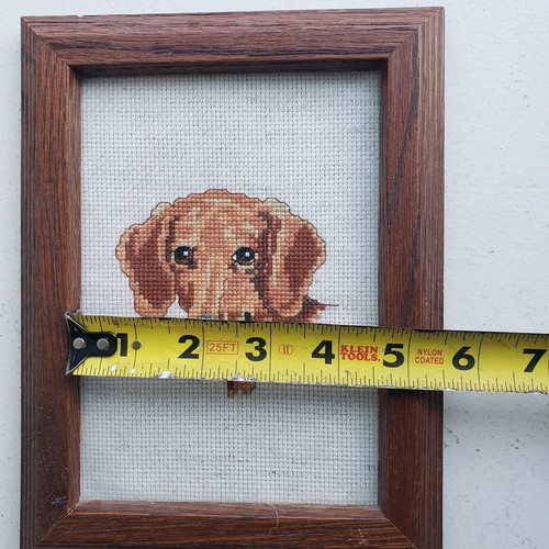 Dackel Hund Vintage gerahmt Nadelspitze Kreuzstich Handarbeit Deko - Bild 5 von 9