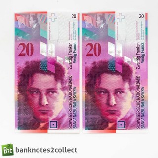 SWITZERLAND: 2 x 20 Swiss Franc Banknotes with Consecutive Serial Numbers.