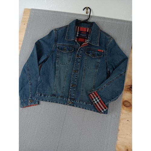 One Tuff Babe Cropped Denim Jacket Womens Large Blue Plaid Trim Ramie Blend Y2K - Picture 3 of 12