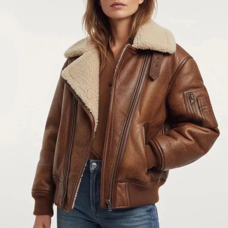 Women's Oversized Shearling Aviator Jacket Leather Bomber Biker Flight Warm Coat