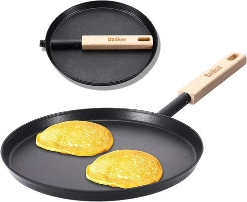 8-Inch Frying Pan Skillet Flat Crepe Pan, Lightweight Grill Pan with Wooden Hand