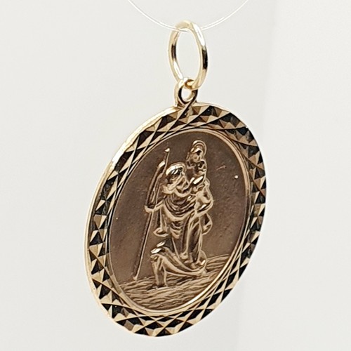 Big 9ct St Christopher Yellow Gold Round Patterned Edge Charm / Pendant Hallmark - Picture 2 of 23