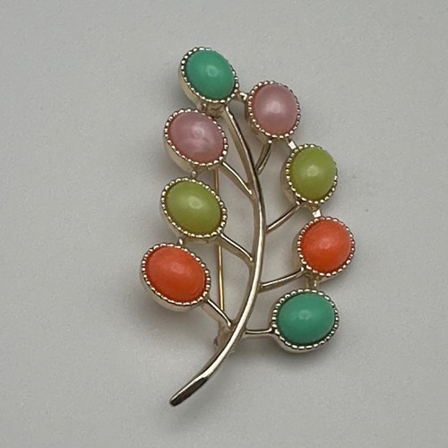 Vintage Sarah Coventry Candyland Brosche bunte Cabochons goldfarben Blatt - Bild 2 von 7