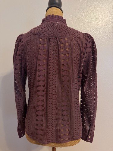 Anthropologie Top Maroon Purple Lace Long Sleeve Button Up Peasant Blouse Size 8 - Imagen 9 de 13