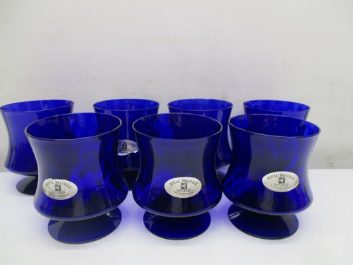 Set Of 7 ROYAL PRESTIGE Lead Crystal Cobalt Blue 11oz Glasses "THE MERRYMAKERS" - Picture 3 of 8