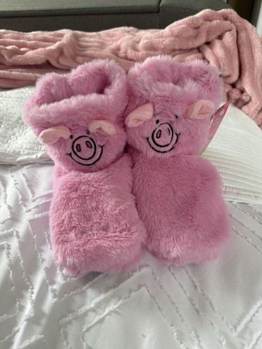 BNWT M&S PINK PERCY PIG FAUX FUR BOOTIES SLIPPERS SIZE L 6-8