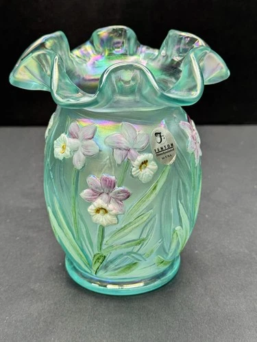 Vintage Fenton Teal Iridescent Daffodil Vase Hand Painted Ruffle Rim