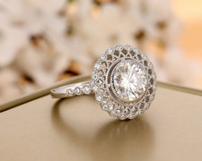 Art Deco Engagement Ring Womens 2CT Round Cut Moissanite 14K White Gold Plated