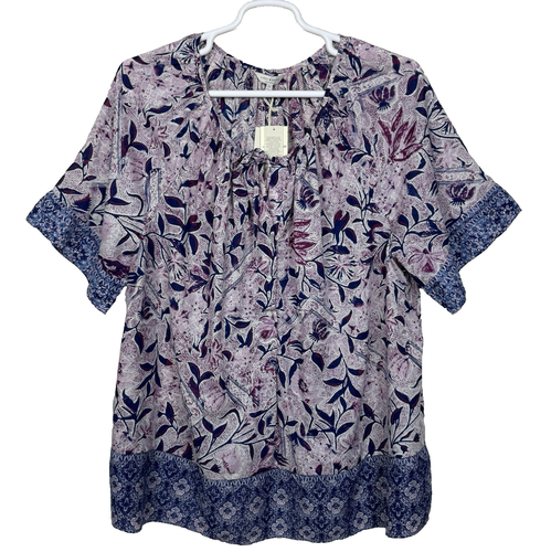 NEW Lucky Brand Blouse Top Womens 2X Floral Geometric Border Print Boho Peasant