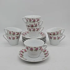 K P  Karlskrona Sweden Tea Cup Saucer Pink Small Bone Flower Roses 8 Sets