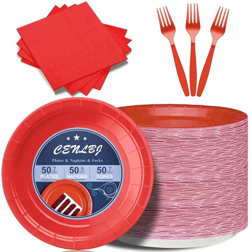 Platos y servilletas de papel rojo incluyen platos de postre de papel de 7 pulgadas, servilletas, plástico...