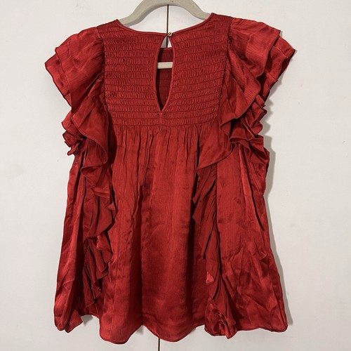 Blusa Ulla Johnson para mujer 2 volantes rojos de seda ajustada femenina informal oficina - Imagen 2 de 6