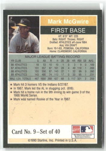 1990 Starline Long John Silver #9 Mark McGwire Oakland Athletics - Picture 2 of 2