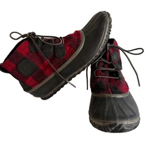 SOREL Waterproof Duck Boots Womens 8.5 EU 39.5 Black Red Plaid Snow Rain Mud