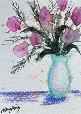 Watercolor ACEO 2.5'' x 3.5'' Original Painting by Mary King - Flowers in Vase