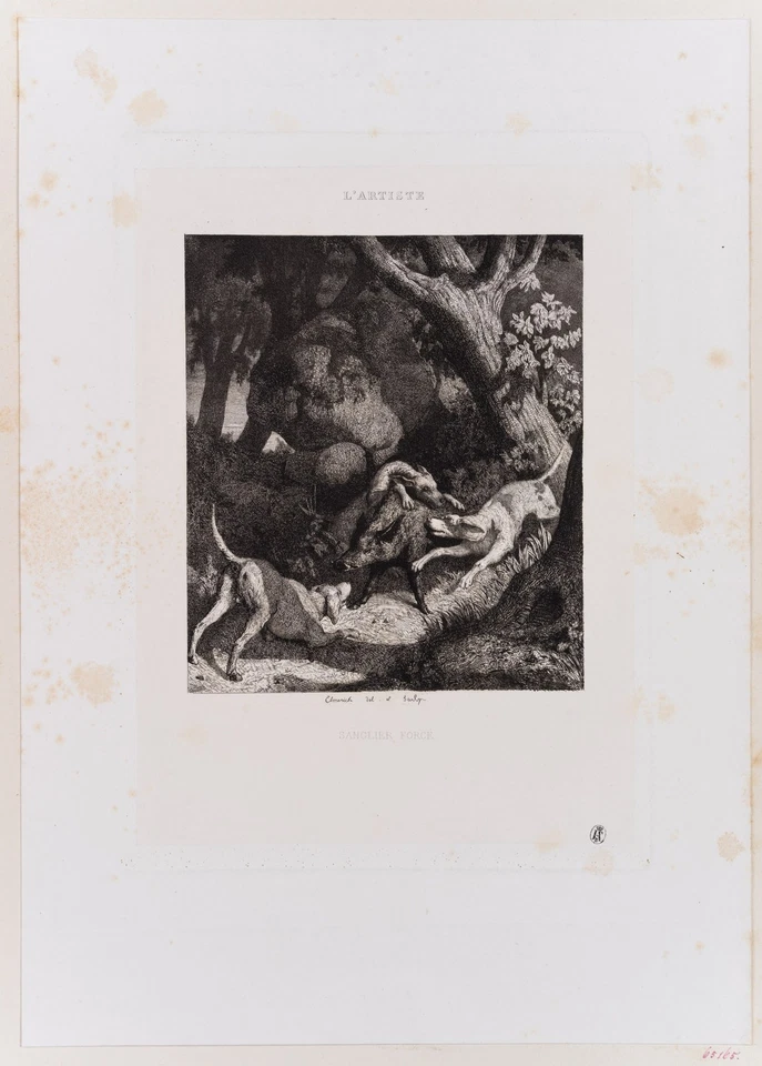 C. ELMERICH (1813-1889), Keilerjagd mit Jagdhunden im Wald, Radierung Romantik - Bild 2 von 4