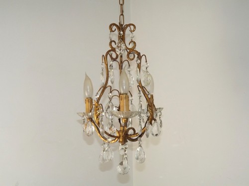 Romantischer französischer Vintage Gold Toleware & Kristall Käfig Kronleuchter mit 3 Lichtern 5503 - Bild 4 von 15