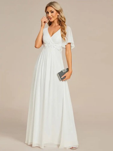 Elegant Evening Dresses Deep V Neck Appliques Pleated Floor-Length Dresses - Picture 24 of 30