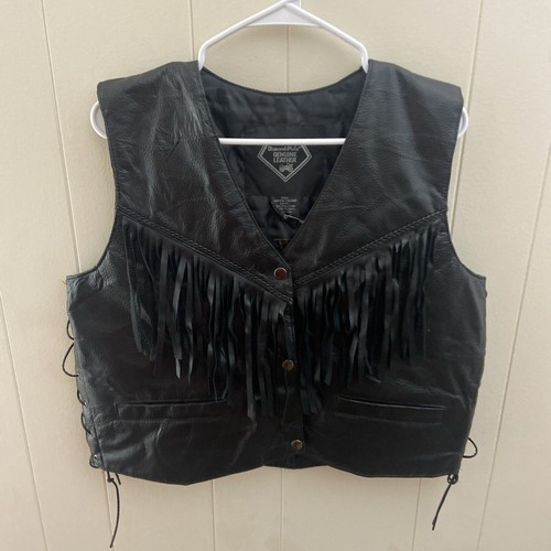 Diamond Plate Fringe Women Leather Motorcycle Sleeveless Biker Vest Sz 2X Black - Picture 11 of 22