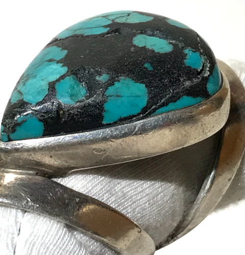 Sterling Silver Turquoise Navajo Carved Native Vintage Ring Size 8 - Picture 3 of 7