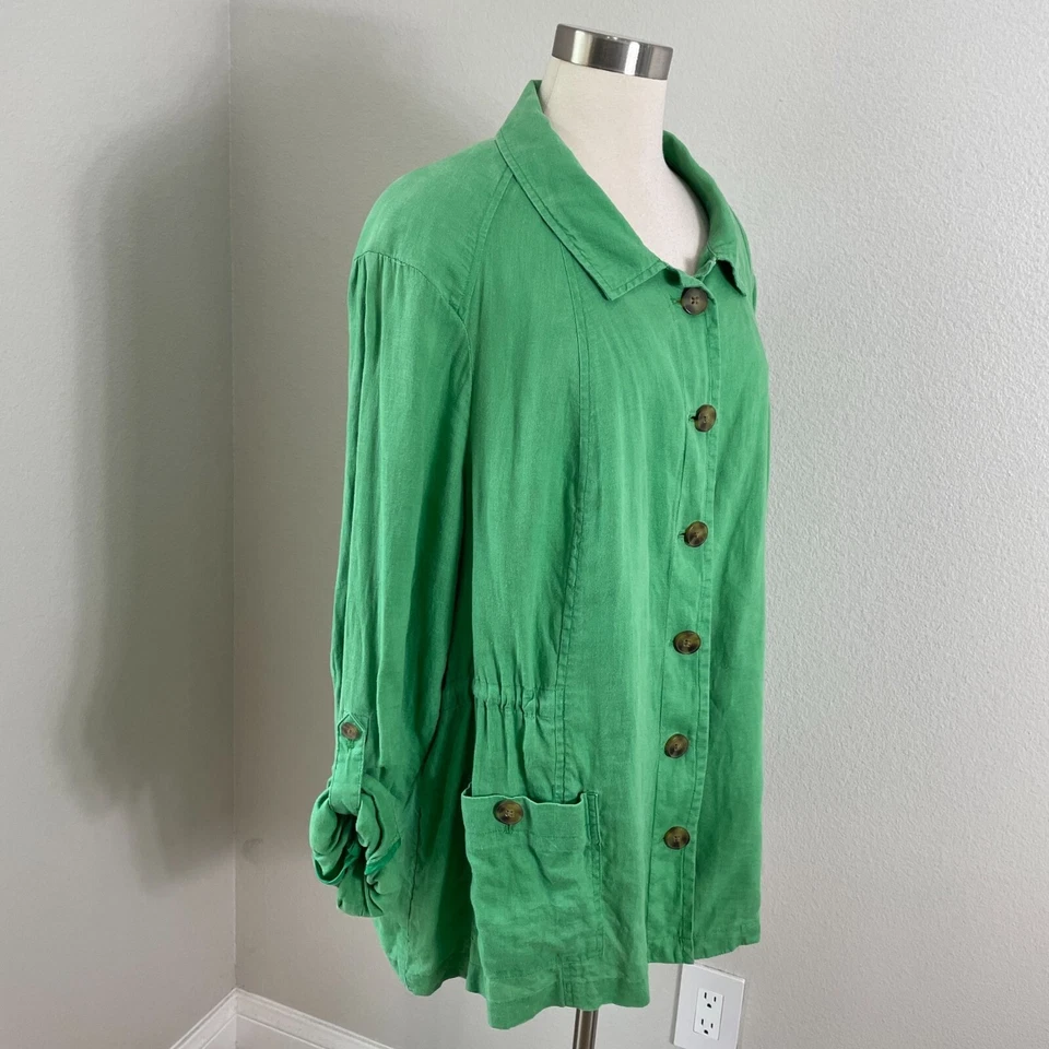 Chaqueta Coldwater Creek para mujer Plus 24 verde 100 % lino con botones manga con lengüeta enrollable Foto 2 de 4