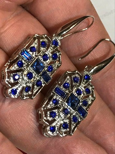 Conjunto de aretes colgantes estilo vintage de cristal de zafiro geométrico inspirados en el Art Deco - Imagen 16 de 17