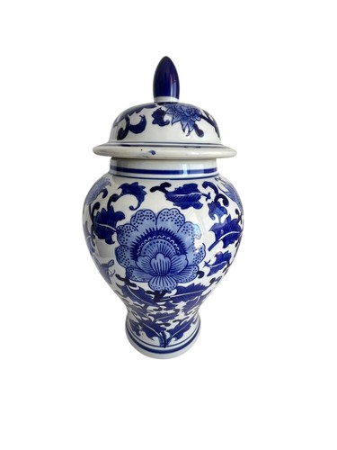 Chinoiserie Ginger Jar Blue White 15"H 8"W Floral Decorative Vase PAIR Available - Picture 8 of 16