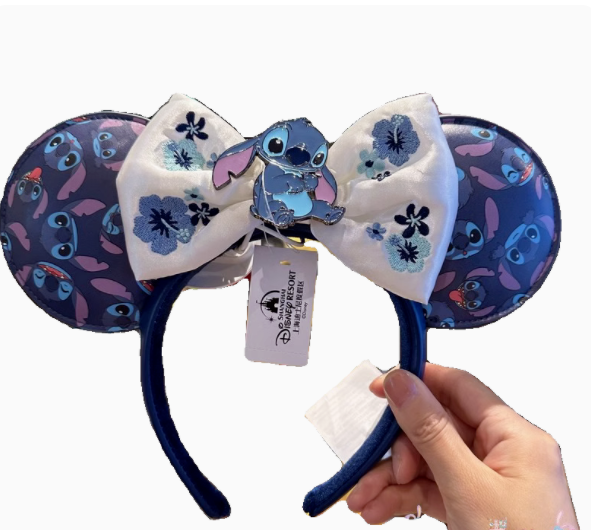 Disney Blue Stitch Ear Headband with Cream Bow and metal Stitch charm. Disney authentic 2024 Stitch ear headband disneyland  main image 3