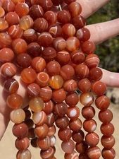 Red Orange Striped Carnelian Polished Round Beads, 12mm, 16" String
