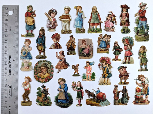 Die Cut Scrap Mixed Lot Of 30 Small Figures People Figural Floral - Picture 2 of 18