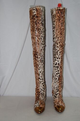36/US6 ❤️ITALY Fabio Sorbi Leopard fur Leather Over Knee High Flat Heels Boots - Picture 2 of 11