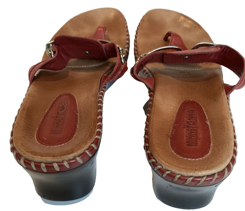 Minnetonka Wedge Sandals Red Silver Buckles Size 9 Braided Stitching Accents - Picture 3 of 6