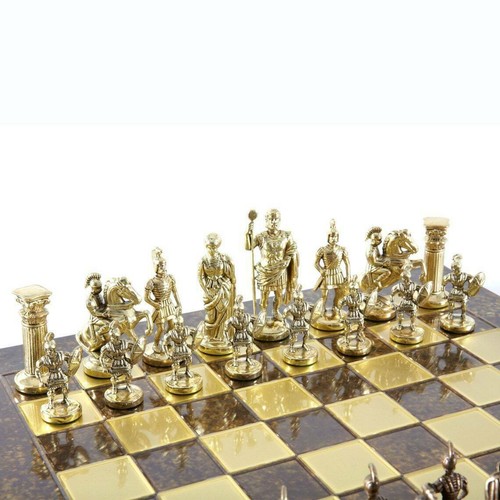 Manopoulos Greek Roman Army Large Chess Set - Brass Copper Pawns - Brown Board - Picture 4 of 5