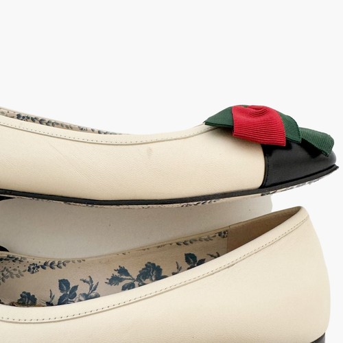Gucci Sylvie Web Stripe Ballet Flats EU 37 US 7 Ivory Two Tone Cap Toe Ballerina - Picture 12 of 13
