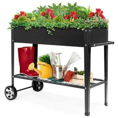 Mobile Black Metal Garden Potting Bench With Push Handle Wheels - Garden Potting Bench On Wheels Mobile Black Metal Garden Potting Bench With Push Handle Wheels - Garden Potting Bench On Wheels