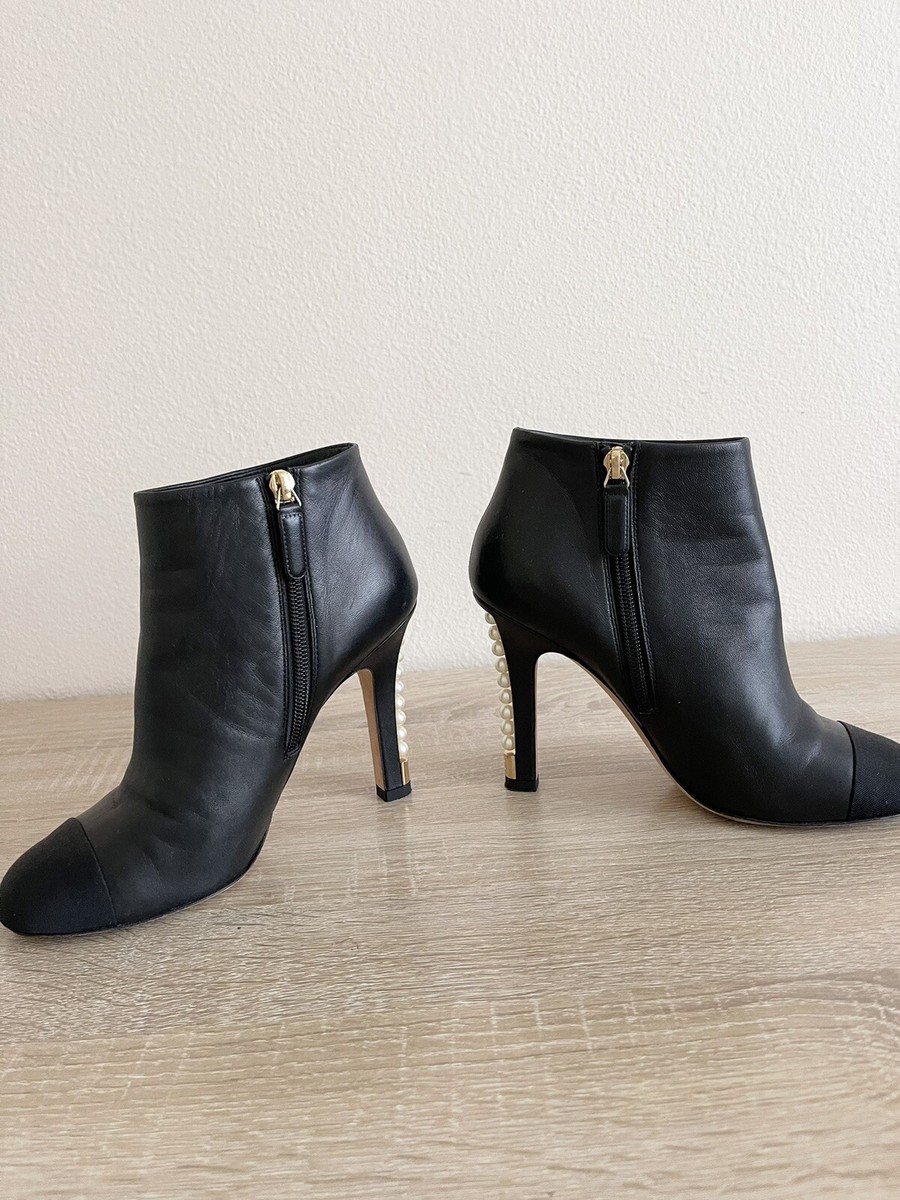 Chanel Black Leather Pearl Heels Ankle Boots Booties Women's