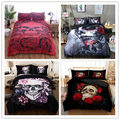 Red Flame Skull Duvet Cover Set Twin Full Queen King Size Bedding