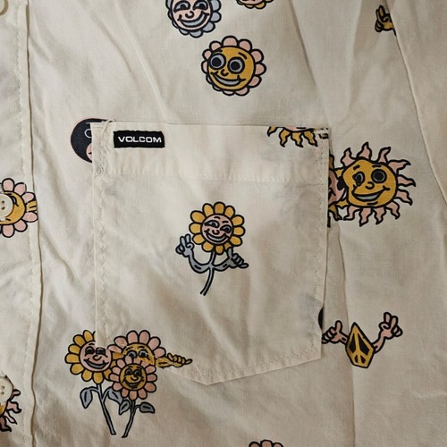 Volcom Atomic Bloom Mens Button Up Shirt L Pocket Floral Skate Casual Work Beige - Picture 5 of 6