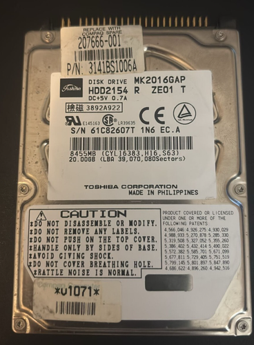 Toshiba MK2016GAP 20GB 2.5" IDE HDD Tested No Bad Sectors Vintage Laptop