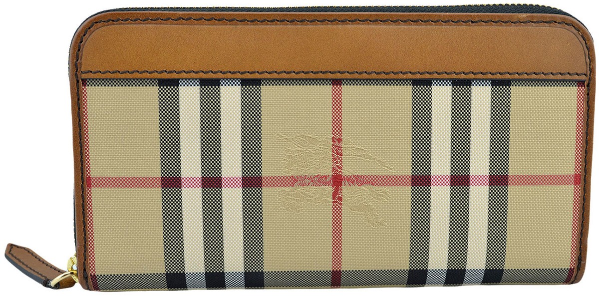 $650 BURBERRY Brown Canvas Check CONTINENTAL ZIP Leather