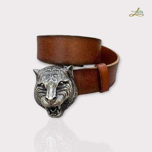 Cinturón Gucci Felino Antiguo Plateado Hebilla Decorado Cuero Talla 95 - Imagen 2 de 11