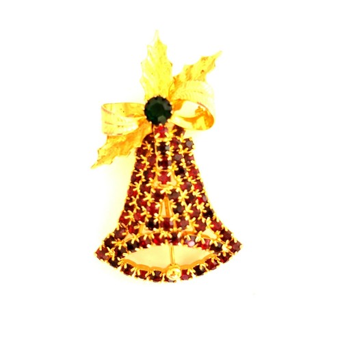 Hobe Red Rhinestone Christmas Bell Brooch Pin Gold Tone Bow Signed VTG 1965