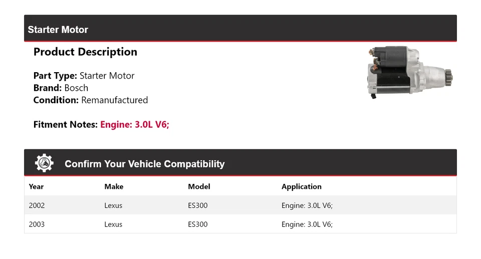 Arranque Bosch V6 3,0 L para Lexus ES300 2002-2003 (remanufacturado) Foto 2 de 4