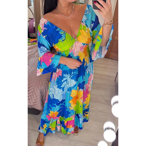 Summer V Neck Dress Women Loose Dresses Floral Seaside Holiday Dress UK - Picture 3 of 7